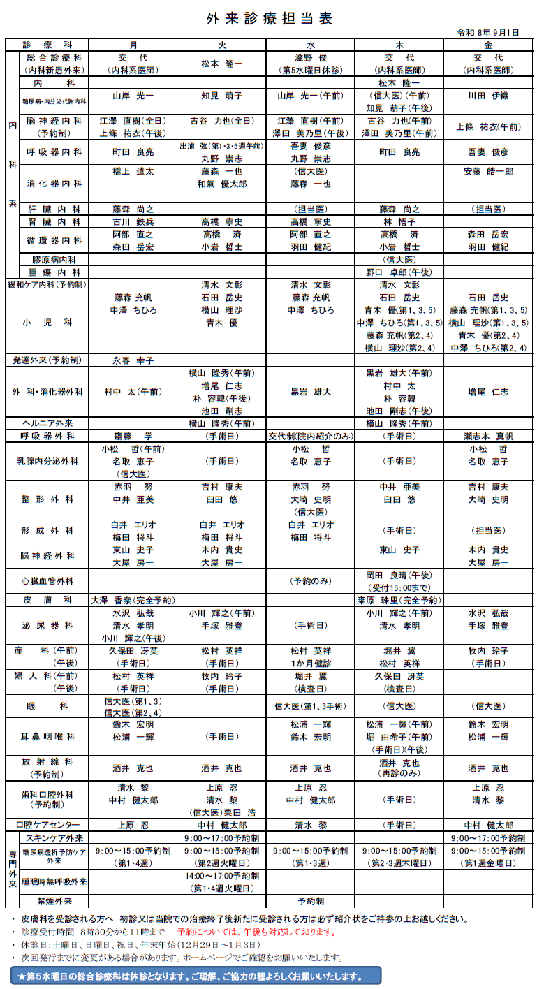 外来担当表