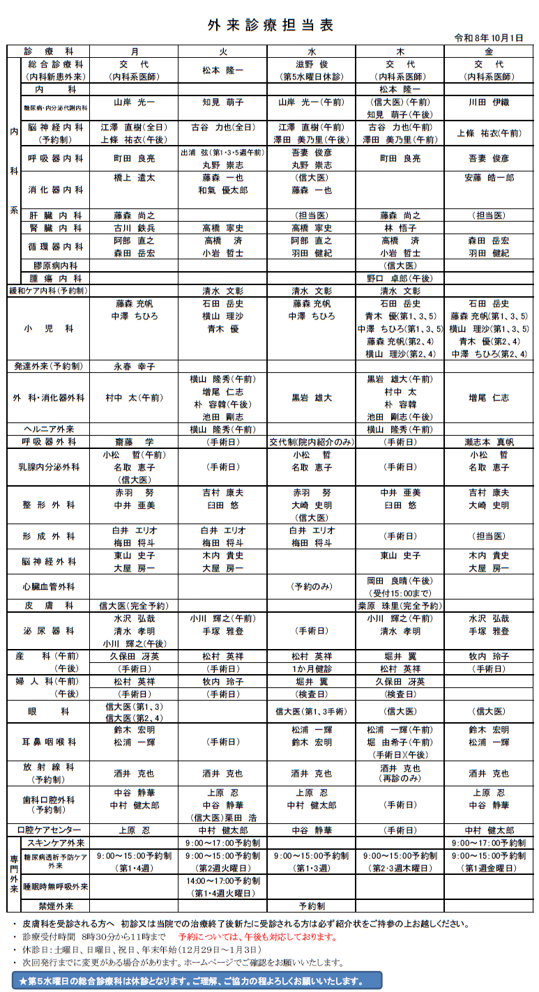 外来担当表